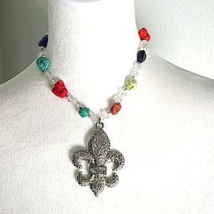 Silver Fleur-de-lis Necklace with Colored Stones